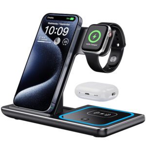 Statie Pliabila de Incarcare Wireless 3 in 1, Incarcare Rapida 15W, MagSafe, pentru iPhone, Smart Watch si AirPods/Pro, Samsung, Huawei, din Aluminiu, SONORH®, Negru