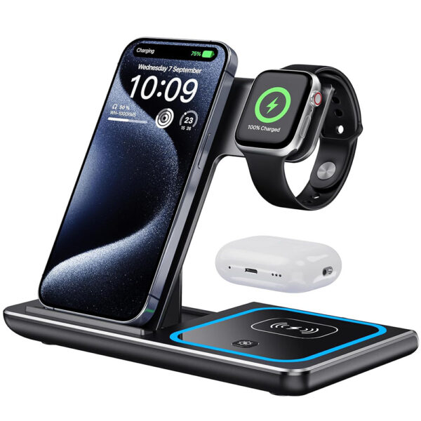 Statie Pliabila de Incarcare Wireless 3 in 1, Incarcare Rapida 15W, MagSafe, pentru iPhone, Smart Watch si AirPods/Pro, Samsung, Huawei, din Aluminiu, SONORH®, Negru