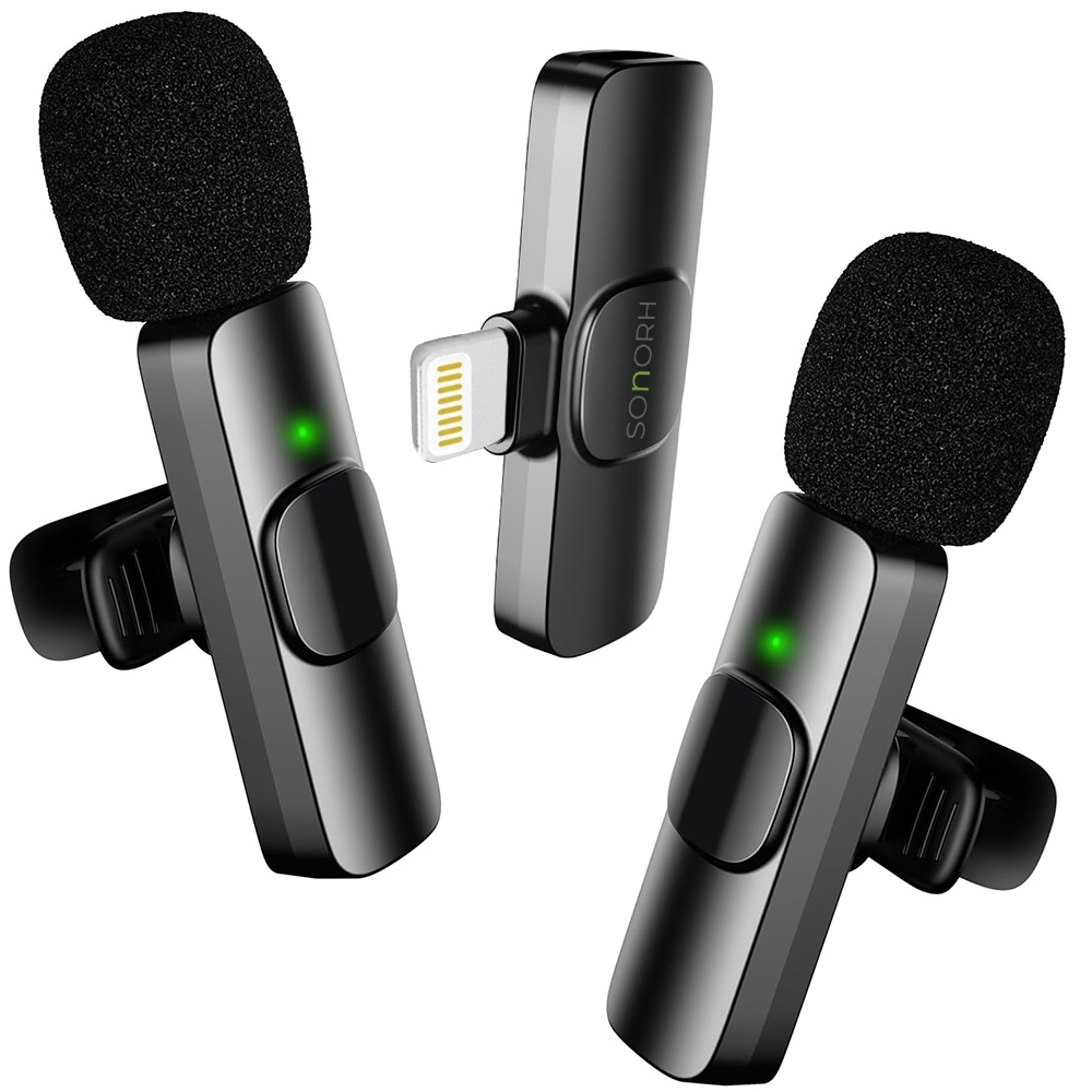 Set Profesional SONORH – 2 Microfoane Lavalieră Wireless, Lighting, Noise Reduction, Compatibil iPhone/ iPad– Pentru Video, Podcast, Interviuri, Vlog, Live Streaming