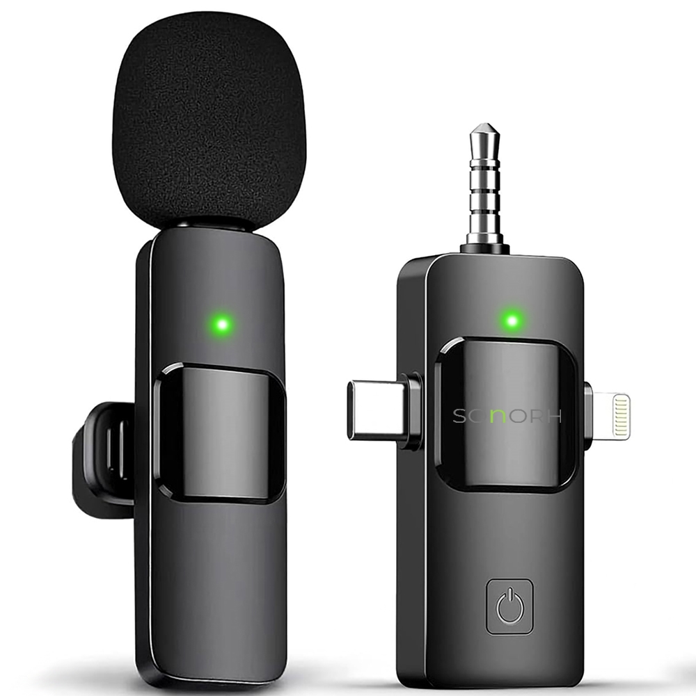 Microfon Lavalieră Wireless SONORH® Pro, USB-C + Lightning + Jack 3.5mm, Compatibil Android/iPhone/Laptop/Cameră Foto/Video, Reducere Zgomot, Plug & Play, Vlog/Interviuri/Live