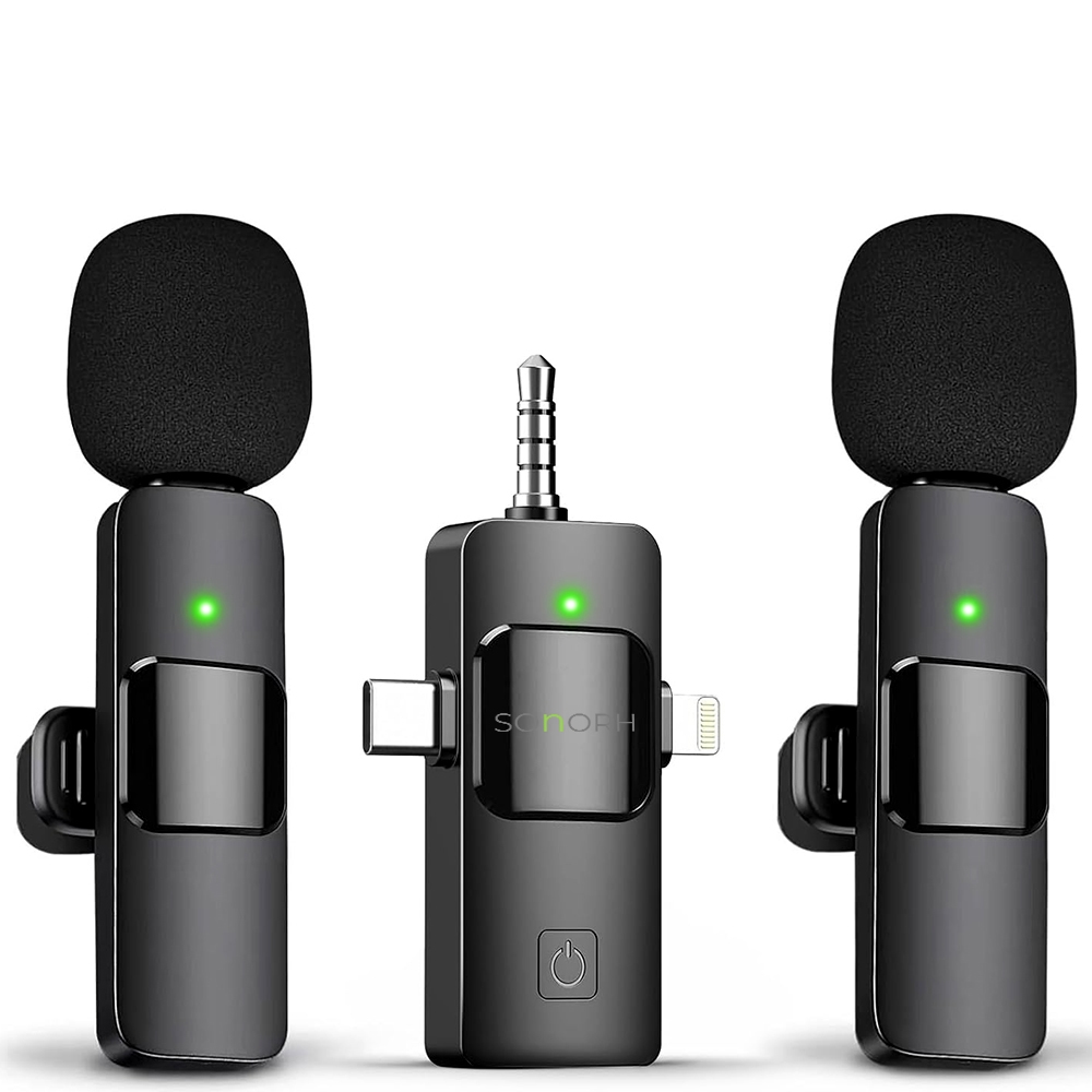 Set 2 Microfoane Lavalieră Wireless SONORH® Pro, USB-C + Lightning + Jack 3.5mm, Compatibil Android/iPhone/Laptop/Camera, Reducere Zgomot, Plug & Play, Interviuri/Vlog/Live/Video