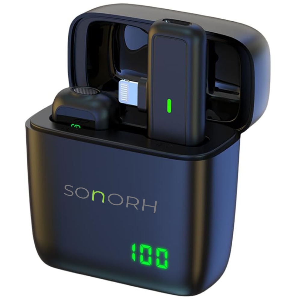 Microfon Wireless Lavalieră SONORH® pentru iPhone, Lightning, Noise Cancellation, Plug & Play, Carcasă de Încărcare, Autonomie 30 ore, Pentru Podcast, Vlog, Interviuri, TikTok, YouTube
