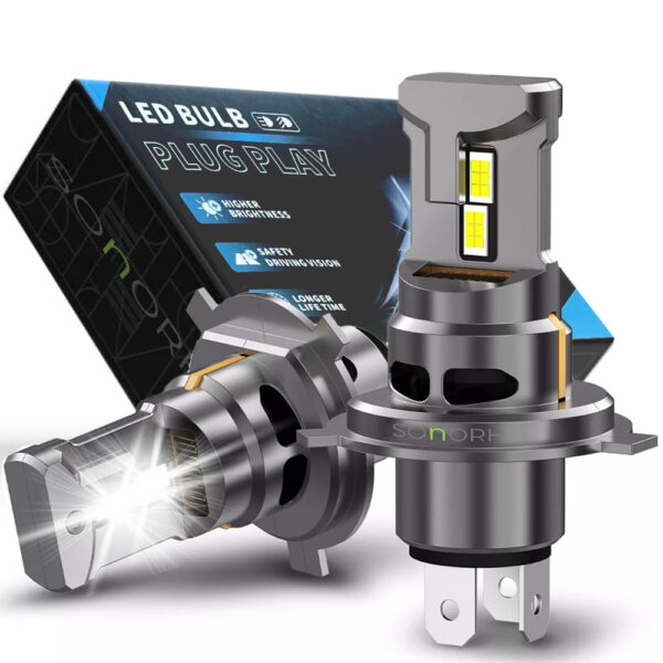 Set 2 Becuri LED H4, 120W, 6500K, 30000LM, Canbus Plug&Play, Ventilator si Tija Racire din Cupru, 60000 Ore, IP65, 7SP, SONORH®