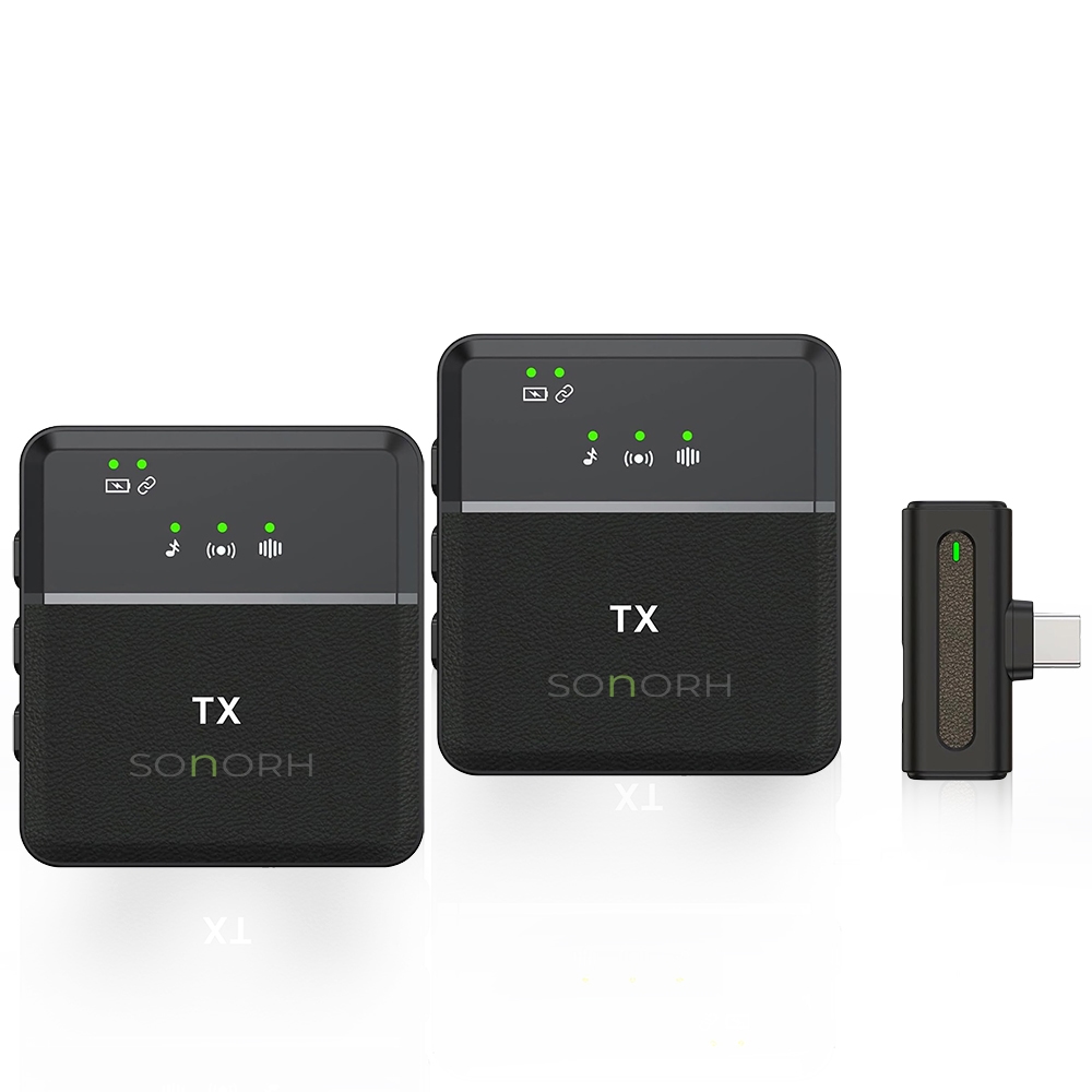 Set 2 Microfoane Lavalieră Wireless SONORH® SX8 Dual, USB Type-C, Ajustare Volum, Reducere Zgomot, Afișaj LED, Plug & Play, Compatibil Telefon Android și Cameră Foto/Video, Vlog/Interviuri/Live