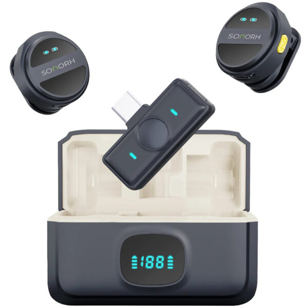 Set Profesional 2 Microfoane Lavaliera Wireless SONORH®, Plug&Play, Doc de Incarcare, Omnidirecționale, Noise Cancelling, Compatibil USB Type-C/DSLR/Laptop, Live, Interviuri si Studio