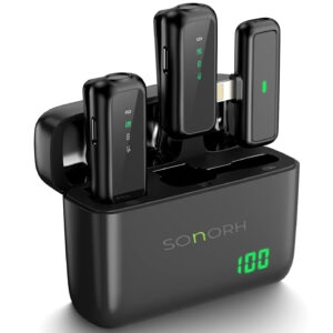 Set 2 Microfoane Wireless SONORH® Lavalieră Profesională, Lightning, iPhone, Carcasă de Încărcare, Noise Cancellation, Plug & Play, Monitorizare în Timp Real, Pentru Podcast, YouTube, TikTok, Vlog, Interviuri, 50 ore Autonomie