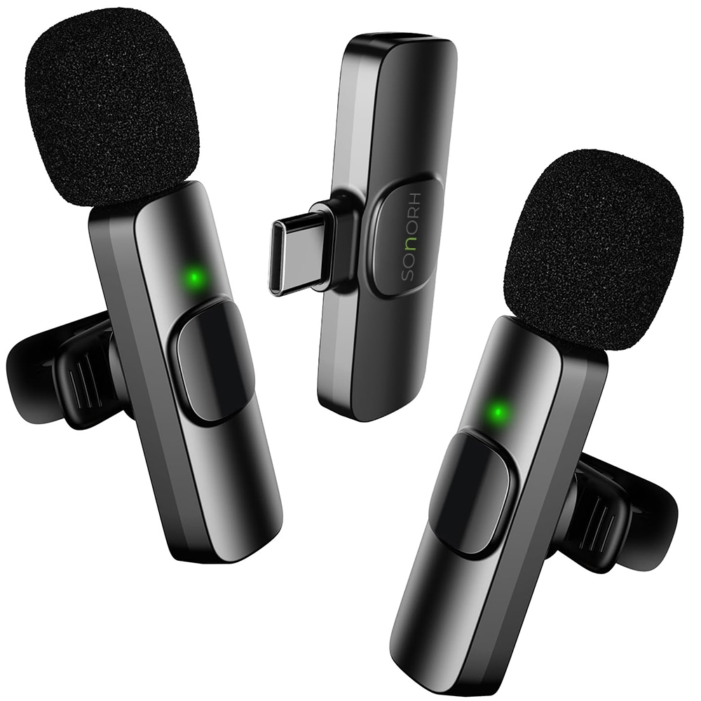 Set Profesional SONORH – 2 Microfoane Lavalieră Wireless, Compatibil Type-C, Noise Reduction, Compatibil Android/ iPhone/ iPad– Pentru Video, Podcast, Interviuri, Vlog, Live Streaming