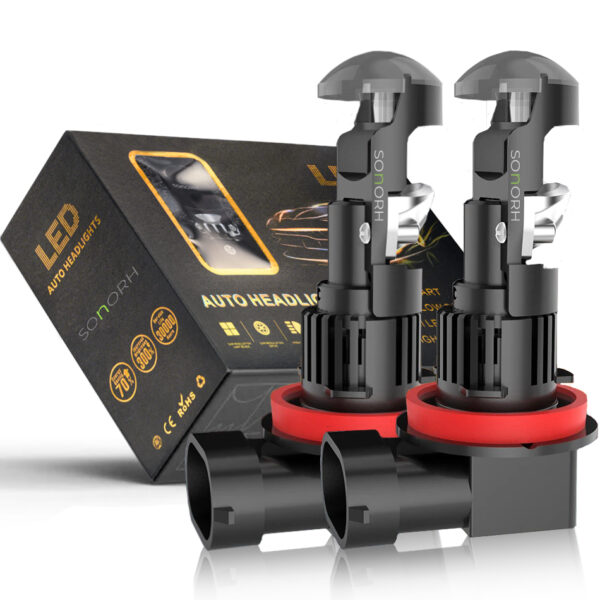 Set 2 Becuri LED H11/H9/H8 Lens cu Lupa, 120W, 6000K, 20000LM, Canbus Plug&Play, 1:1, Ventilator si Tija Racire din Cupru, 30000 Ore, IP68, SONORH®