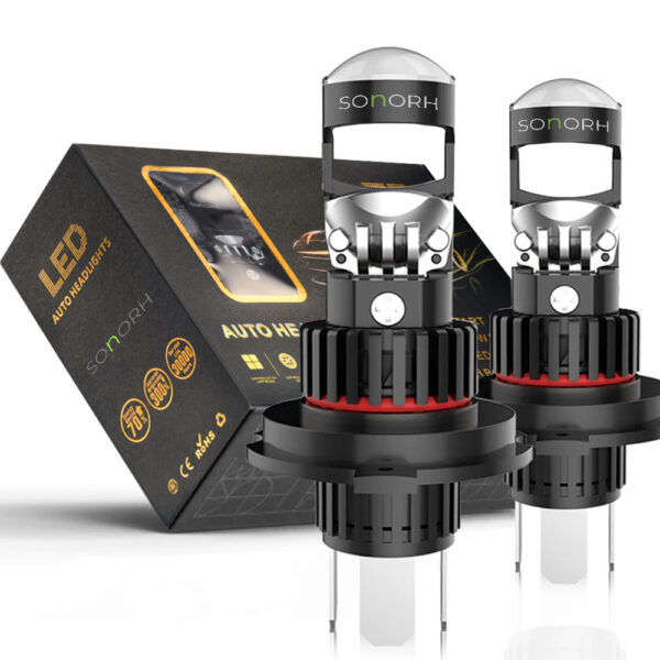Set 2 Becuri LED H4 Lens cu Lupa, 120W, 6000K, 20000LM, Canbus Plug&Play, 2 Faze, 1:1, Ventilator si Tija Racire din Cupru, 30000 Ore, IP68, SONORH®