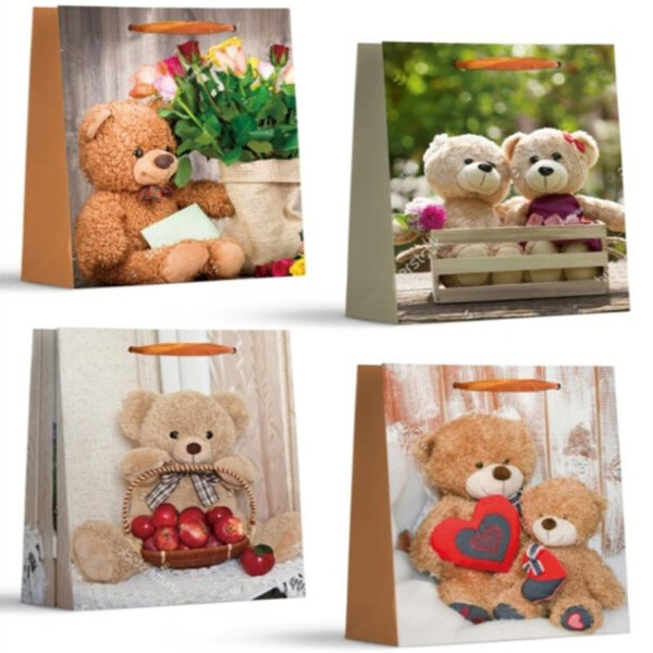 Set 4 Pungi Cadou, 40*31*12 cm, cu Model Festiv, Ursulet, pentru Aniversari si Sarbatori, E4153