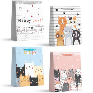 Set 4 Pungi Cadou, 40*31*12 cm, cu Model Festiv, Pisici, pentru Aniversari si Sarbatori, E5562