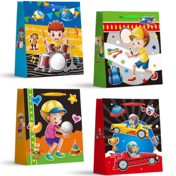 Set 4 Pungi Cadou, 32*26*10 cm, cu Model Festiv, Copii, Baieti si Fete, pentru Aniversari si Sarbatori, E5626