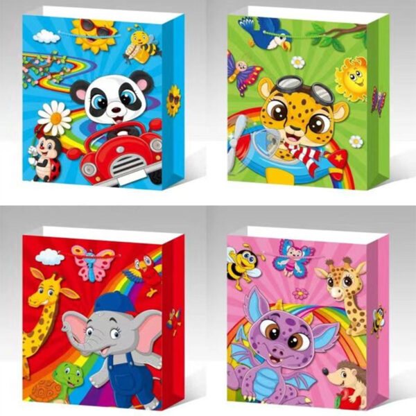Set 4 Pungi Cadou, 24*18*9 cm, cu Model Festiv, Copii, Baieti si Fete, pentru Aniversari si Sarbatori, E5631