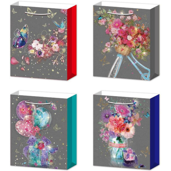 Set 4 Pungi Cadou, 40*31*12 cm, cu Model Festiv, Floral, pentru Aniversari si Sarbatori, E5654